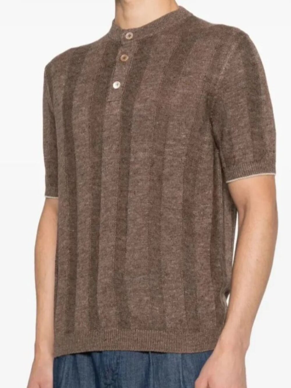 Brunello Cucinelli Henley Collar Linen Cotton Ribbed Knit T-Shirt